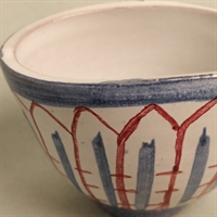 Oluf Larsson rød blå hvid mini keramik skål Laholmkeramik gammelt lertøj svensk